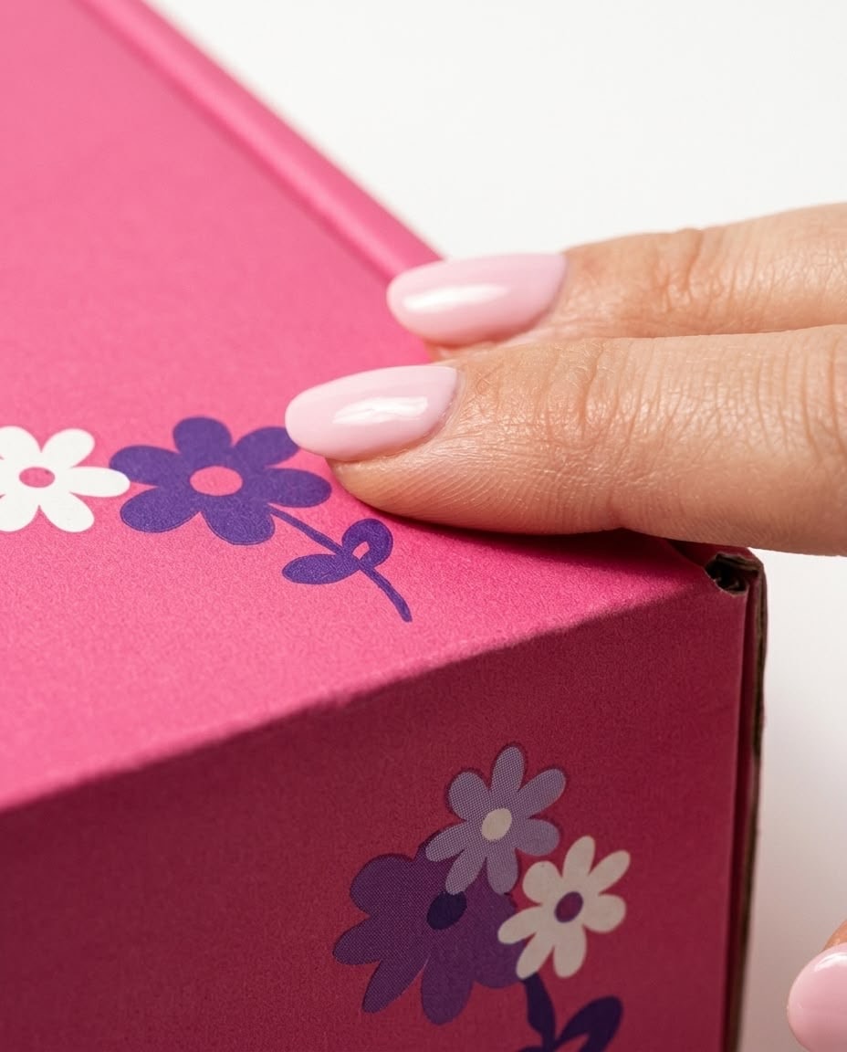 Close-up of the Blushh pink box with floral design