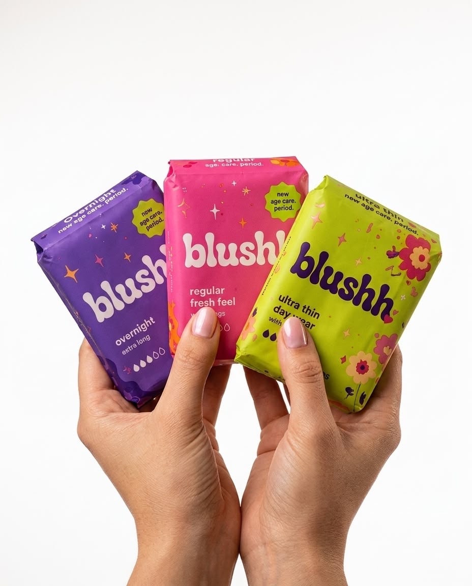 Three Blushh pad variants — overnight, regular and ultra thin
